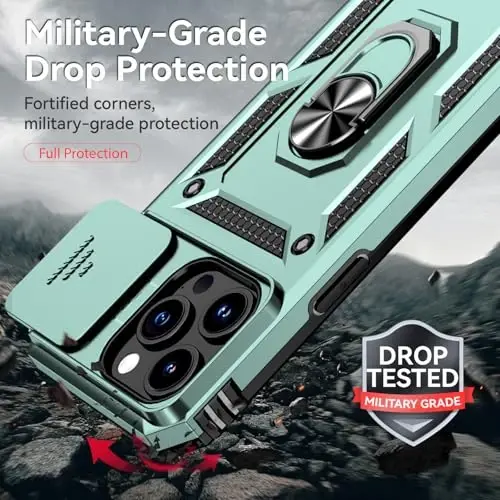 HNHYGETE for iPhone 15 Pro Case with HD Screen Protector: [Military Grade 20ft. Drop Tested] Slide Camera Cover Ring Shockproof Protective Phone Case for - iPhone 15 Pro (Dark Green) - 3