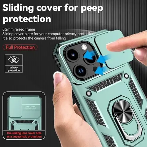 HNHYGETE for iPhone 15 Pro Case with HD Screen Protector: [Military Grade 20ft. Drop Tested] Slide Camera Cover Ring Shockproof Protective Phone Case for - iPhone 15 Pro (Dark Green) - 4