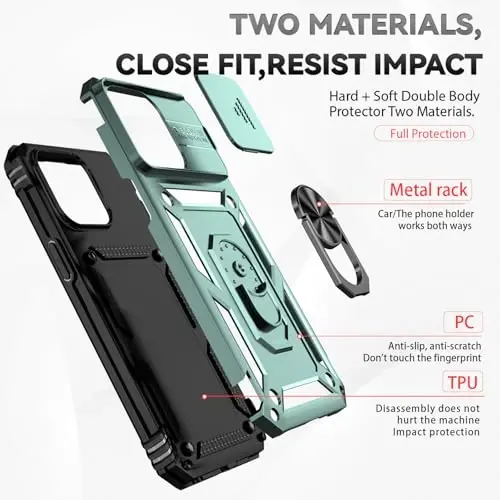 HNHYGETE for iPhone 15 Pro Case with HD Screen Protector: [Military Grade 20ft. Drop Tested] Slide Camera Cover Ring Shockproof Protective Phone Case for - iPhone 15 Pro (Dark Green) - 5