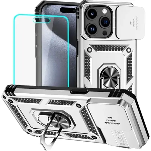 HNHYGETE for iPhone 15 Pro Case with HD Screen Protector: [Military Grade 20ft. Drop Tested] Slide Camera Cover Ring Shockproof Protective Phone Case for - iPhone 15 Pro (Silver) - 1
