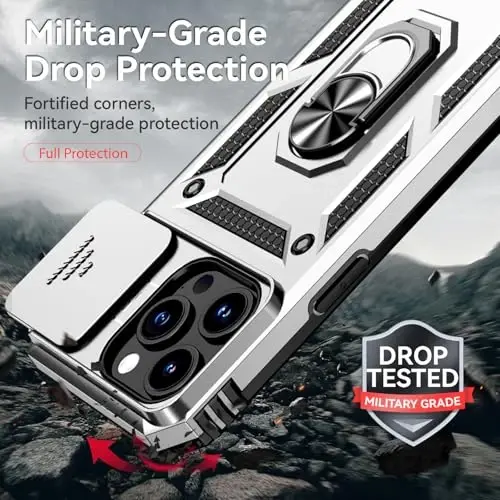 HNHYGETE for iPhone 15 Pro Case with HD Screen Protector: [Military Grade 20ft. Drop Tested] Slide Camera Cover Ring Shockproof Protective Phone Case for - iPhone 15 Pro (Silver) - 3
