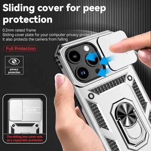HNHYGETE for iPhone 15 Pro Case with HD Screen Protector: [Military Grade 20ft. Drop Tested] Slide Camera Cover Ring Shockproof Protective Phone Case for - iPhone 15 Pro (Silver) - 4