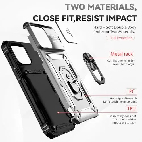 HNHYGETE for iPhone 15 Pro Case with HD Screen Protector: [Military Grade 20ft. Drop Tested] Slide Camera Cover Ring Shockproof Protective Phone Case for - iPhone 15 Pro (Silver) - 5
