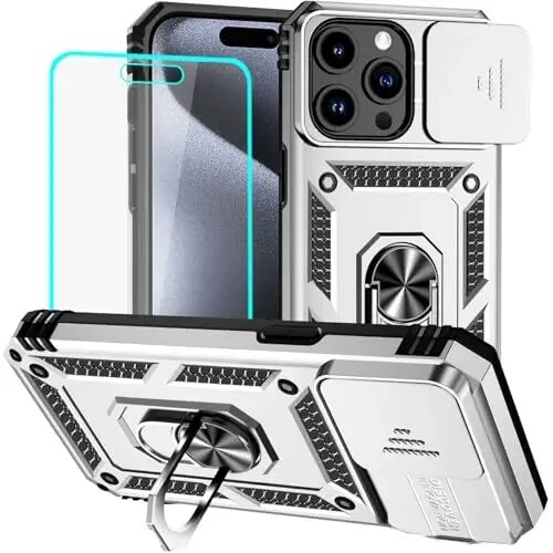 HNHYGETE for iPhone 15 Pro Case with HD Screen Protector: [Military Grade 20ft. Drop Tested] Slide Camera Cover Ring Shockproof Protective Phone Case for - iPhone 15 Pro (Silver) - HNHYGETE