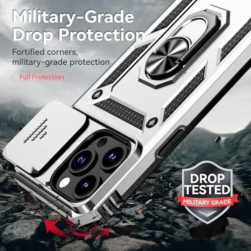 HNHYGETE for iPhone 15 Pro Case with HD Screen Protector: [Military Grade 20ft. Drop Tested] Slide Camera Cover Ring Shockproof Protective Phone Case for - iPhone 15 Pro (Silver) - 3