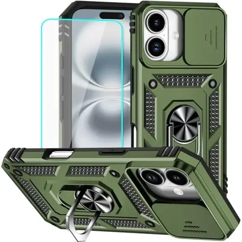 HNHYGETE for iPhone 16 Case with Screen Protector: [Military Grade 20ft. Drop Tested] Slide Camera Cover Ring Shockproof Protective Phone Case for - iPhone 16 (Army Green) - 1