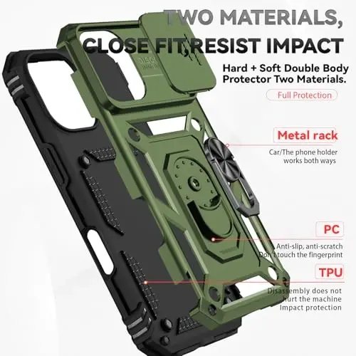 HNHYGETE for iPhone 16 Case with Screen Protector: [Military Grade 20ft. Drop Tested] Slide Camera Cover Ring Shockproof Protective Phone Case for - iPhone 16 (Army Green) - 5