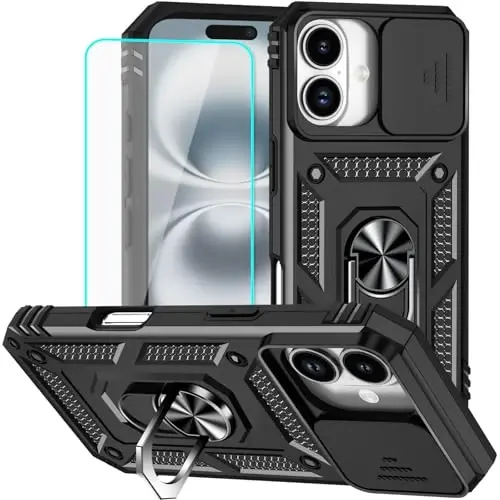 HNHYGETE for iPhone 16 Case with Screen Protector: [Military Grade 20ft. Drop Tested] Slide Camera Cover Ring Shockproof Protective Phone Case for - iPhone 16 (Black) - 1