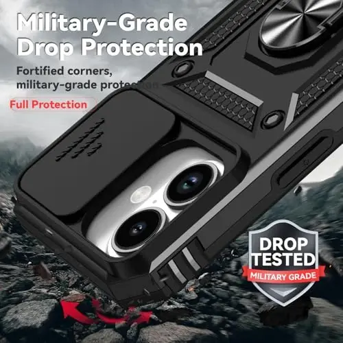 HNHYGETE for iPhone 16 Case with Screen Protector: [Military Grade 20ft. Drop Tested] Slide Camera Cover Ring Shockproof Protective Phone Case for - iPhone 16 (Black) - 3