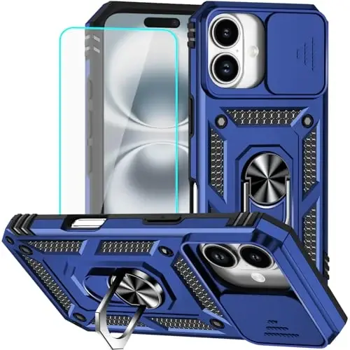 HNHYGETE for iPhone 16 Case with Screen Protector: [Military Grade 20ft. Drop Tested] Slide Camera Cover Ring Shockproof Protective Phone Case for - iPhone 16 (Blue) - 1
