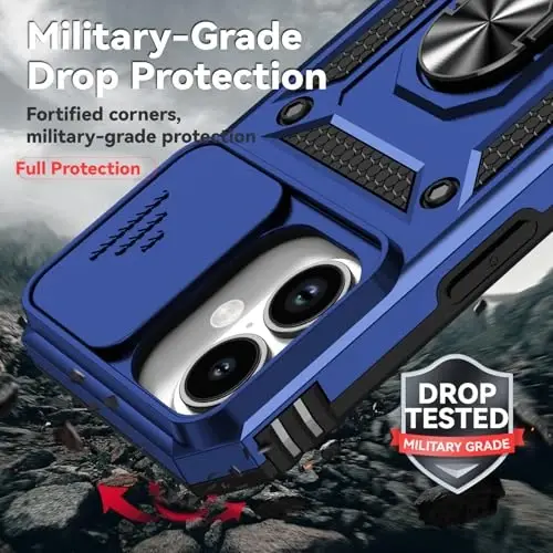 HNHYGETE for iPhone 16 Case with Screen Protector: [Military Grade 20ft. Drop Tested] Slide Camera Cover Ring Shockproof Protective Phone Case for - iPhone 16 (Blue) - 3