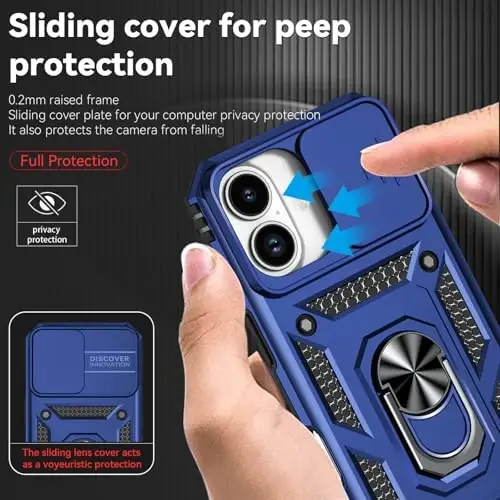 HNHYGETE for iPhone 16 Case with Screen Protector: [Military Grade 20ft. Drop Tested] Slide Camera Cover Ring Shockproof Protective Phone Case for - iPhone 16 (Blue) - 4