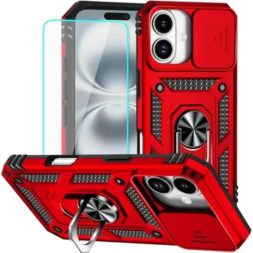 HNHYGETE for iPhone 16 Case with Screen Protector: [Military Grade 20ft. Drop Tested] Slide Camera Cover Ring Shockproof Protective Phone Case for - iPhone 16 (Red) - 1