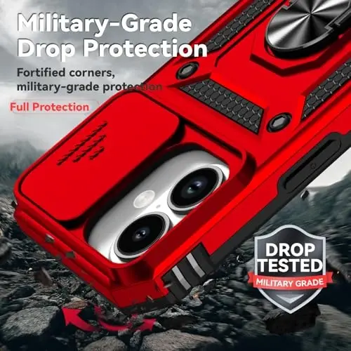 HNHYGETE for iPhone 16 Case with Screen Protector: [Military Grade 20ft. Drop Tested] Slide Camera Cover Ring Shockproof Protective Phone Case for - iPhone 16 (Red) - 3