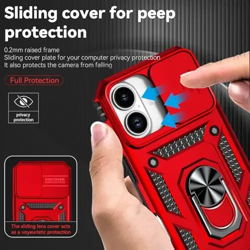 HNHYGETE for iPhone 16 Case with Screen Protector: [Military Grade 20ft. Drop Tested] Slide Camera Cover Ring Shockproof Protective Phone Case for - iPhone 16 (Red) - 4