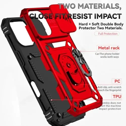 HNHYGETE for iPhone 16 Case with Screen Protector: [Military Grade 20ft. Drop Tested] Slide Camera Cover Ring Shockproof Protective Phone Case for - iPhone 16 (Red) - 5