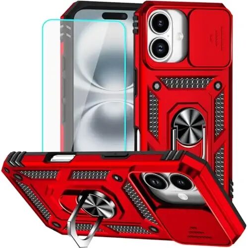 HNHYGETE for iPhone 16 Case with Screen Protector: [Military Grade 20ft. Drop Tested] Slide Camera Cover Ring Shockproof Protective Phone Case for - iPhone 16 (Red) - 1