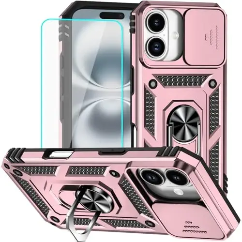 HNHYGETE for iPhone 16 Case with Screen Protector: [Military Grade 20ft. Drop Tested] Slide Camera Cover Ring Shockproof Protective Phone Case for - iPhone 16 (Rose Gold) - 1