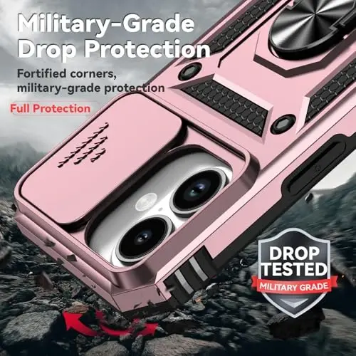 HNHYGETE for iPhone 16 Case with Screen Protector: [Military Grade 20ft. Drop Tested] Slide Camera Cover Ring Shockproof Protective Phone Case for - iPhone 16 (Rose Gold) - 3