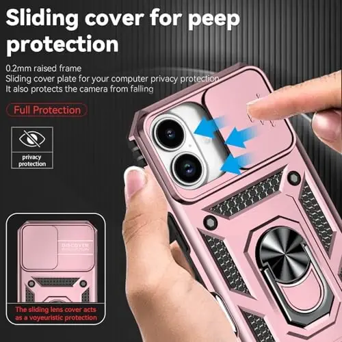 HNHYGETE for iPhone 16 Case with Screen Protector: [Military Grade 20ft. Drop Tested] Slide Camera Cover Ring Shockproof Protective Phone Case for - iPhone 16 (Rose Gold) - 4
