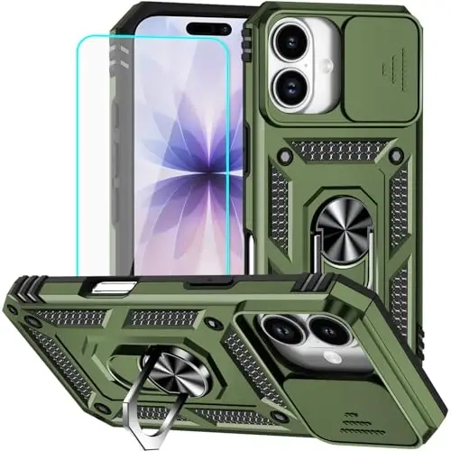 HNHYGETE for iPhone 17 Case with Screen Protector: [Military Grade 20ft. Drop Tested] Slide Camera Cover Ring Shockproof Protective Phone Case for - iPhone 17 (Army Green) - 1