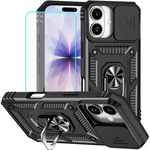 HNHYGETE for iPhone 17 Case with Screen Protector: [Military Grade 20ft. Drop Tested] Slide Camera Cover Ring Shockproof Protective Phone Case for - iPhone 17 (Black) - 1