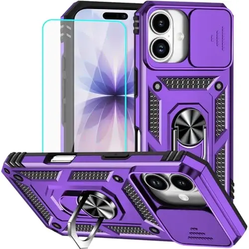 HNHYGETE for iPhone 17 Case with Screen Protector: [Military Grade 20ft. Drop Tested] Slide Camera Cover Ring Shockproof Protective Phone Case for - iPhone 17 (Purple) - 1