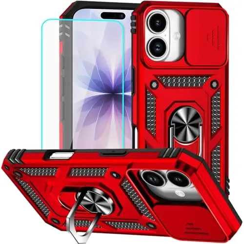 HNHYGETE for iPhone 17 Case with Screen Protector: [Military Grade 20ft. Drop Tested] Slide Camera Cover Ring Shockproof Protective Phone Case for - iPhone 17 (Red) - 1