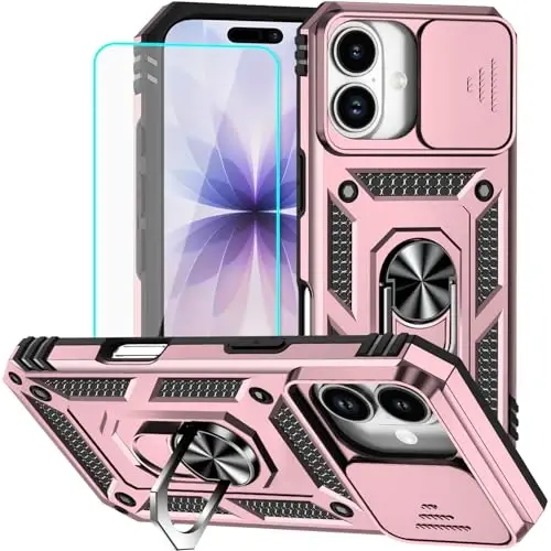 HNHYGETE for iPhone 17 Case with Screen Protector: [Military Grade 20ft. Drop Tested] Slide Camera Cover Ring Shockproof Protective Phone Case for - iPhone 17 (Rose Gold) - HNHYGETE