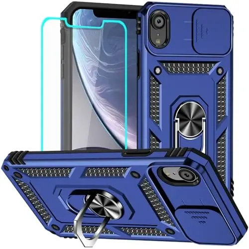 HNHYGETE for iPhone XR Phone Case with HD Screen Protector: [Military Grade 20ft. Drop Tested] Slide Camera Cover Ring Shockproof Protective Phone Case for - iPhone XR (Blue) - HNHYGETE