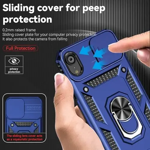 HNHYGETE for iPhone XR Phone Case with HD Screen Protector: [Military Grade 20ft. Drop Tested] Slide Camera Cover Ring Shockproof Protective Phone Case for - iPhone XR (Blue) - 3