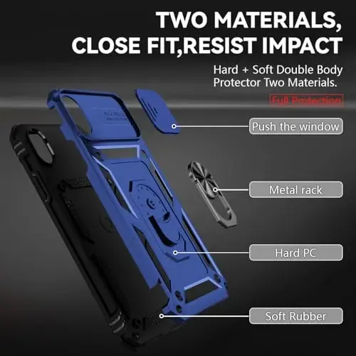HNHYGETE for iPhone XR Phone Case with HD Screen Protector: [Military Grade 20ft. Drop Tested] Slide Camera Cover Ring Shockproof Protective Phone Case for - iPhone XR (Blue) - 5