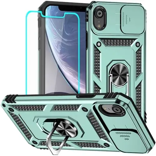 HNHYGETE for iPhone XR Phone Case with HD Screen Protector: [Military Grade 20ft. Drop Tested] Slide Camera Cover Ring Shockproof Protective Phone Case for - iPhone XR (Dark Green) - 1