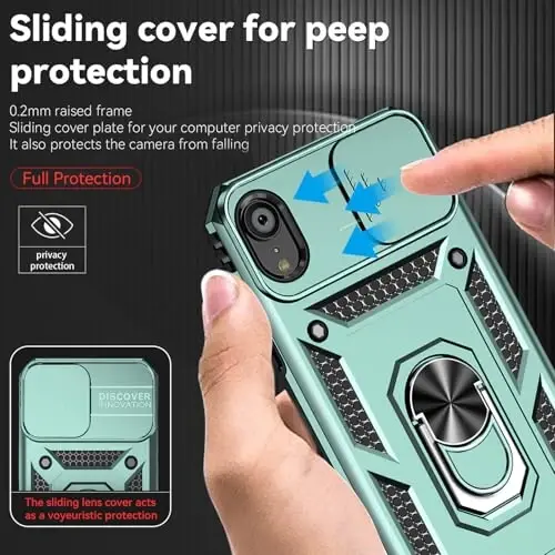 HNHYGETE for iPhone XR Phone Case with HD Screen Protector: [Military Grade 20ft. Drop Tested] Slide Camera Cover Ring Shockproof Protective Phone Case for - iPhone XR (Dark Green) - 3