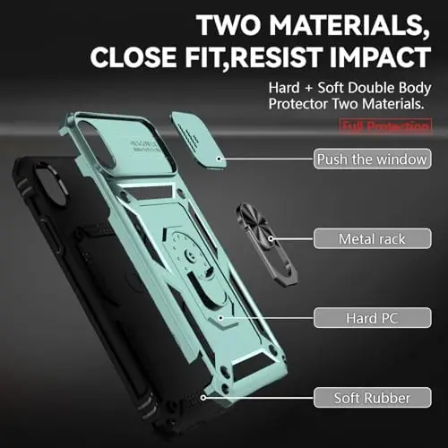 HNHYGETE for iPhone XR Phone Case with HD Screen Protector: [Military Grade 20ft. Drop Tested] Slide Camera Cover Ring Shockproof Protective Phone Case for - iPhone XR (Dark Green) - 5