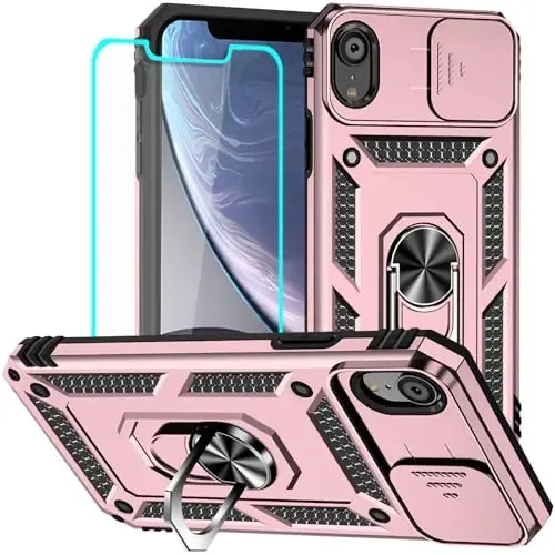 HNHYGETE for iPhone XR Phone Case with HD Screen Protector: [Military Grade 20ft. Drop Tested] Slide Camera Cover Ring Shockproof Protective Phone Case for - iPhone XR (Rose Gold) - HNHYGETE