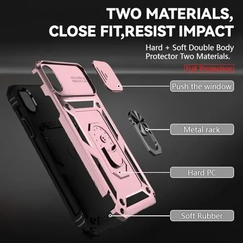 HNHYGETE for iPhone XR Phone Case with HD Screen Protector: [Military Grade 20ft. Drop Tested] Slide Camera Cover Ring Shockproof Protective Phone Case for - iPhone XR (Rose Gold) - 4