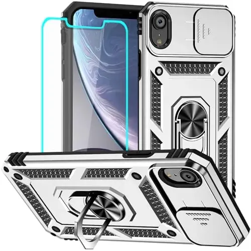 HNHYGETE for iPhone XR Phone Case with HD Screen Protector: [Military Grade 20ft. Drop Tested] Slide Camera Cover Ring Shockproof Protective Phone Case for - iPhone XR (Silver) - 1