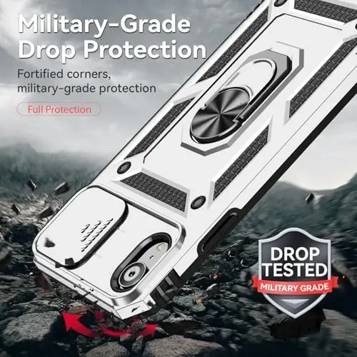 HNHYGETE for iPhone XR Phone Case with HD Screen Protector: [Military Grade 20ft. Drop Tested] Slide Camera Cover Ring Shockproof Protective Phone Case for - iPhone XR (Silver) - 2