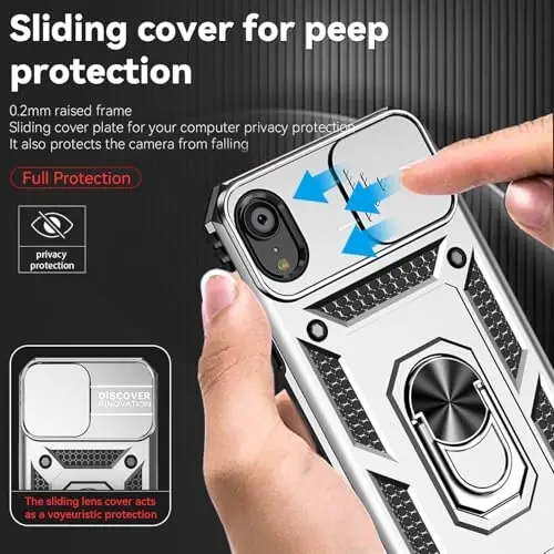 HNHYGETE for iPhone XR Phone Case with HD Screen Protector: [Military Grade 20ft. Drop Tested] Slide Camera Cover Ring Shockproof Protective Phone Case for - iPhone XR (Silver) - 3