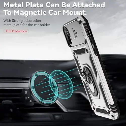 HNHYGETE for iPhone XR Phone Case with HD Screen Protector: [Military Grade 20ft. Drop Tested] Slide Camera Cover Ring Shockproof Protective Phone Case for - iPhone XR (Silver) - 4