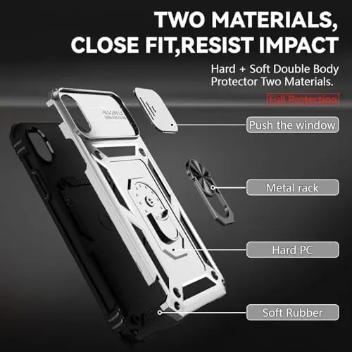 HNHYGETE for iPhone XR Phone Case with HD Screen Protector: [Military Grade 20ft. Drop Tested] Slide Camera Cover Ring Shockproof Protective Phone Case for - iPhone XR (Silver) - 5