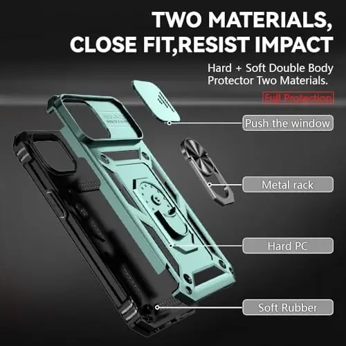HNHYGETE for iPhone 15 Case with HD Screen Protector: [Military Grade 20ft. Drop Tested] Ring Shockproof Protective Phone Case for - iPhone 15 Dark Green - 5