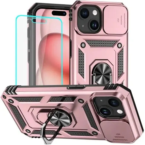 HNHYGETE for iPhone 15 Case with HD Screen Protector: [Military Grade 20ft. Drop Tested] Ring Shockproof Protective Phone Case for - iPhone 15 Rose Gold - 1