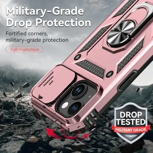 HNHYGETE for iPhone 15 Case with HD Screen Protector: [Military Grade 20ft. Drop Tested] Ring Shockproof Protective Phone Case for - iPhone 15 Rose Gold - 3