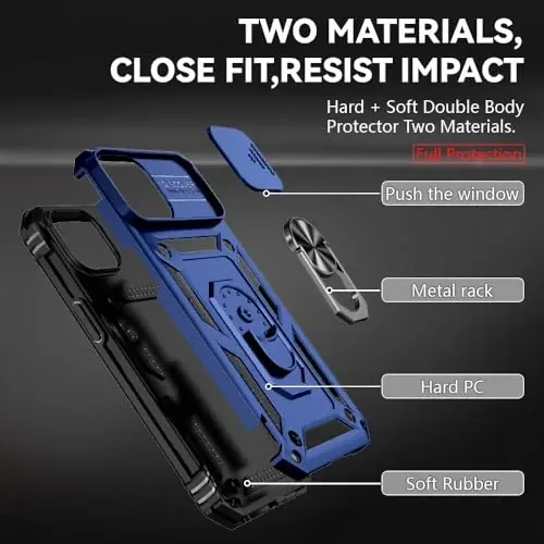HNHYGETE iPhone 15 uchun g'ilof HD ekran himoyachisi bilan: [Harbiy darajadagi 20 futdan tushish sinovidan o'tgan] Ring zarbaga chidamli himoya telefon g'ilofi - iPhone 15 Blue - 5