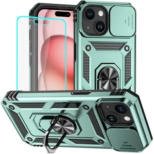 HNHYGETE iPhone 15 uchun g‘ilof, HD ekran himoyachisi bilan: [Harbiy darajadagi 20 futdan tushish sinovidan o‘tgan] Ring zarbga chidamli himoya telefon g‘ilofi - iPhone 15 to‘q yashil - HNHYGETE