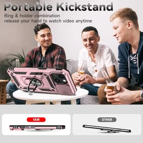 HNHYGETE iPhone 15 uchun HD ekran himoyachisi bilan g'ilof: [Harbiy darajadagi 20 futdan tushish sinovidan o'tgan] Ring zarbaga chidamli himoya telefon g'ilofi - iPhone 15 pushti oltin - 6