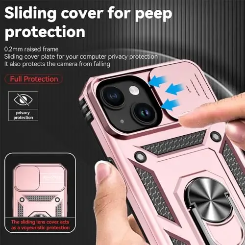 HNHYGETE iPhone 15 uchun HD ekran himoyachisi bilan g'ilof: [Harbiy darajadagi 20 futdan tushish sinovidan o'tgan] Ring zarbaga chidamli himoya telefon g'ilofi - iPhone 15 pushti oltin - 4
