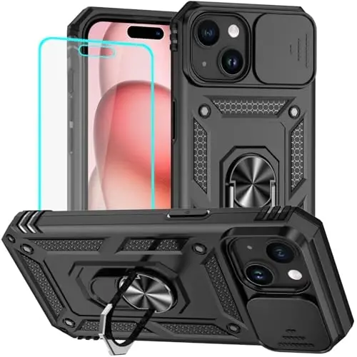 HNHYGETE iPhone 15 учун қоп, iPhone 15 телефони учун қоп HD экран протектори билан: [20 футлик ташлар ҳарбий синовдан ўтган] Shockproof телефони ҳимоя қилувчи қоп - iPhone 15 учун, қора 